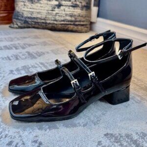 Zara Black Patent Double Strap Low Block Heel Mary Janes
